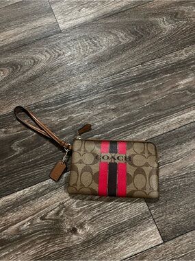 Coach Brown Signature Varsity Corner Zip Wristlet in Khaki/Pink Ruby